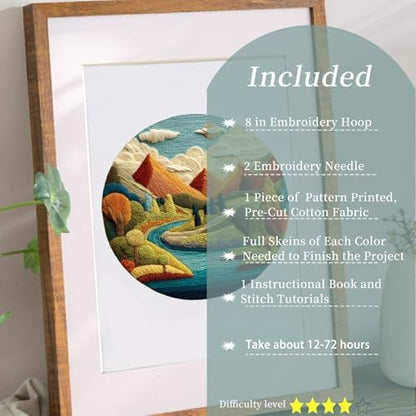 FONNUY Embroidery Kit for Beginners, Brightly Colored Landscape Lake Pre-Stamped Pattern Kits for Adults with Hoop, Easy to Follow Color Thread Needlework, 8'' Hoop (Blue) - Image 2