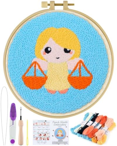 ERKOON Punch Needle Kit Beginners Adults, Zodiac Easy Embroidery Set for Starter Art Craft, Needling Punching Project with Patterns, Tools, Yarns, Hoop, Instruction (Libra) by ERKOON