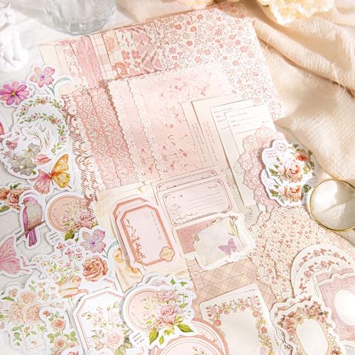 OKUPAN Vintage Floral Scrapbook Paper & Journaling Stickers (100pcs) Assorted Set (Pink) - Scrapbook Supplies Kit for Bullet Journaling, Retro Crafts, Planner, Mixed Media, Collage Card Album - Image 2