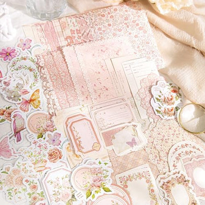 OKUPAN Vintage Floral Scrapbook Paper & Journaling Stickers (100pcs) Assorted Set (Pink) - Scrapbook Supplies Kit for Bullet Journaling, Retro Crafts, Planner, Mixed Media, Collage Card Album - Image 2