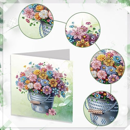 6 Pack DIY Diamond Art Painting Greeting Card Kit Flower Bucket, 5D Diamond Art Christmas Birthday Holiday Foldable Thank You Cards Blessing Greeting Card, Crafts Kit Creative with Envelope - Image 4