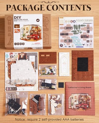 ROBOTIME DIY Miniature House Kit, Mini Dollhouse Kit, Tiny House Kit for Adults, Wooden Furniture Kit with LED, Halloween/Christmas/Birthday Gifts for Family/Friends(Catherine's Living Room) - Image 6