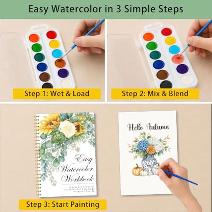 Seasonal Flowers Watercolor Workbook for Beginner, 12 Beautiful Seasonal Flowers Sunflower Wildflower Butterfly Patterns Water Coloring Book, Paint Set with Palette and Brush, Gift for Flower Lovers - Image 3