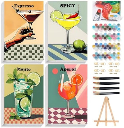4 Pack Framed Paint by Numbers Kit for Adults with Wooden Easel, 8x12 Inch by Offito