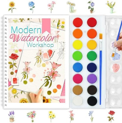 Beginners Watercolor Workbook for Adults, Step-by-Step Coloring Book Set by apolyone