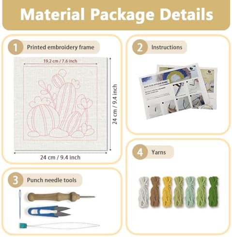 Doodlream Cartoon Cactus DIY Punch Needle Embroidery Kit for Adult Beginner, 9.4" Cactus Punch Stitching Craft Set for Starter with Frame, Fabric Pattern, Threader, Yarn, Pinch Needle - Image 2