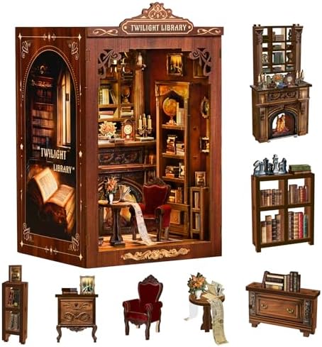 DIY Book Nook Kit, Wooden Miniature Booknook Kit with LED Light, 3D Wooden Bookend Model Building Kit, Handmade Book Nook Gift for Adults Teens Beginners【Micro Light Book Pavilion】 - Image 4