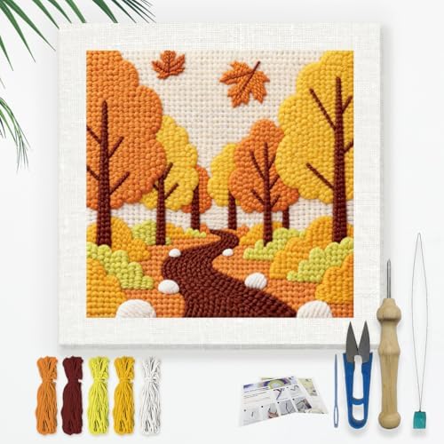 Doodlream Autumn Forest Needle Kit for Beginner, 9.4"x 9.4" Fall Landscape Punch Stitching Craft Set, DIY Embroidery Starter with Printed Frame, Instruction, Threader, Yarn, Pinch Needle by Doodlream