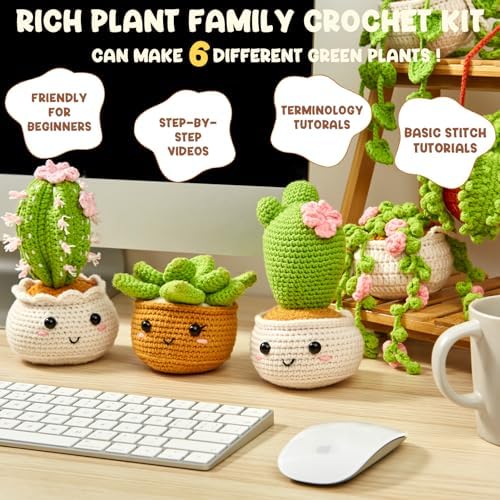 MAGIMUSE Crochet Kit for Beginners, Crochet Starter Kits, Amigurumi Craft Knitting Crocheting Kits with Step-by-Step Video Tutorials, 6 Pack Hanging Potted Plants Family(40%+ Yarn) - Image 5