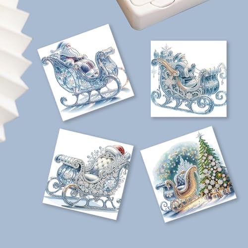 jinglinhh 6pcs Diamond Art Painting Winter Sleigh Christmas Tree Santa Claus Greeting Cards with Envelopes, DIY Card Making Kits for Adults, Diamond Art Postcards Holiday Cards Craft Gifts - Image 3
