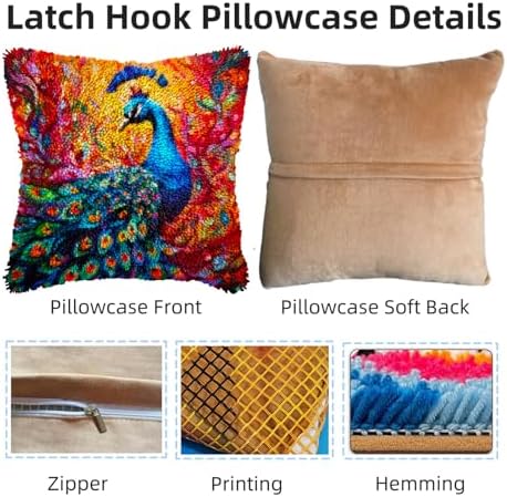 Colorful Peacock DIY Latch Hook Pillow Kits for Adults Printed Pillowcase Crochet Yarns Hooking Handmade Pillow Cover Cushion for Home Sofa Decoration 17x17inch - Image 3