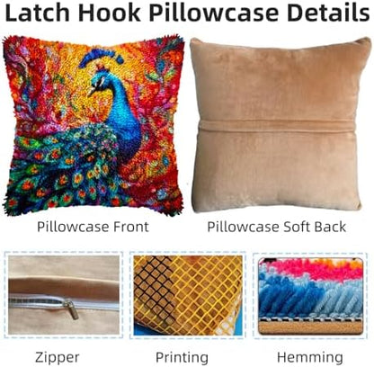Colorful Peacock DIY Latch Hook Pillow Kits for Adults Printed Pillowcase Crochet Yarns Hooking Handmade Pillow Cover Cushion for Home Sofa Decoration 17x17inch - Image 3