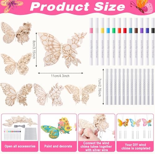 Potchen 18 Sets DIY Wind Chimes Craft Kit Unfinished Wood Art, Butterfly - Image 2