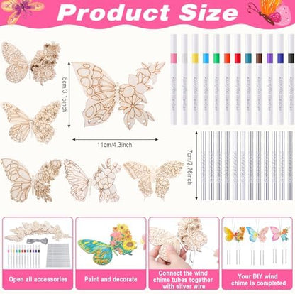 Potchen 18 Sets DIY Wind Chimes Craft Kit Unfinished Wood Art, Butterfly - Image 2