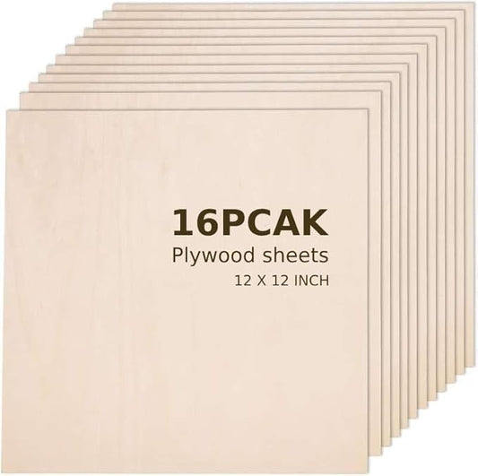 Basswood Sheets for Crafts 16Pcs 12" x 12" x 1/12 Inch- 2mm Thick Plywood Sheets with Smooth Surfaces-Unfinished Squares Wood Boards for Laser Cutting, Wood Burning, Architectural Models, Staining…