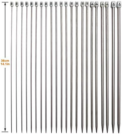 BCMRUN Knitting Needle Set, 22PCS 2mm(B)-8mm(L) Straight Single Pointed Stainless Steel Sweater Needles Set(11Pair-11 Size,9.8 inch) with Locking Stitch Makers Large-Eye Needles Measure Tape (36CM) - Image 3