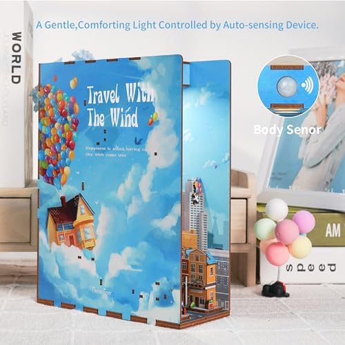 Tonecheer DIY Book Nook Kit for Adults,3D Wooden Puzzle Bookend Bookshelf Insert Library Decor, Booknook Miniature House Kit with Body Motion Sensor LED Light (Travel with The Wind) - Image 6