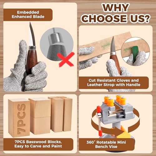 Wood Carving Tools Kit - 40pcs Whittling Kit with Mini Bench Vise, 6pcs Knives, 7pcs Blocks, 12 Colors of Paint, 6 Template, Gloves, Manual, Complete Woodworking Set for Beginners, Whittling Gifts - Image 5