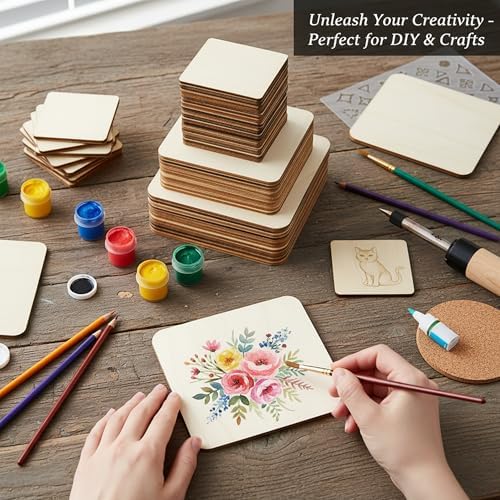 48 Piece Unfinished Blank Wood Sheets,3 Different Size Wood Square Slices Cutouts for Wood Burning Projects, Decoration DIY Wooden Craft Art Supplies - Image 5