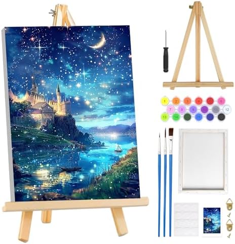 MOGTAA Paint by Numbers Kit for Adults with Frame, Starry Night Paint by Number Canvas, Lake Landscape Paint by Numbers with Easel, DIY Castle Oil Painting Kit for Home Wall Decor 8 x 12 Inch by MOGTAADIYHomeDecor
