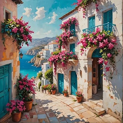 5DDIYART Flowers Scenery Town Paint by Numbers for Adults Beginner, Paint by Number Kits on Canvas, Paint by Easy Acrylic Painting Home Wall Decor 15.7x15.7 inch by Unknown