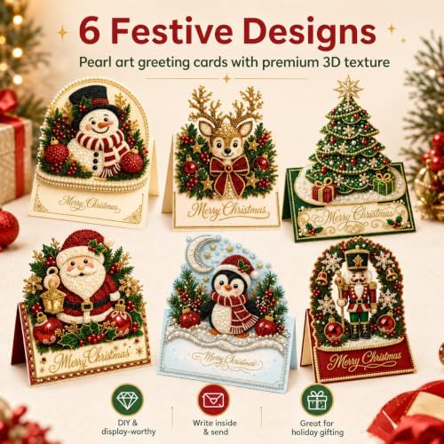 6 Pcs Diamond Art Christmas Ornaments, DIY Pearl Art Kits for Adults with Greeting Cards & Envelopes, 3D Rhinestone Painting Craft for Holiday Gift Making, Christmas Card Decorating Kit - Image 2