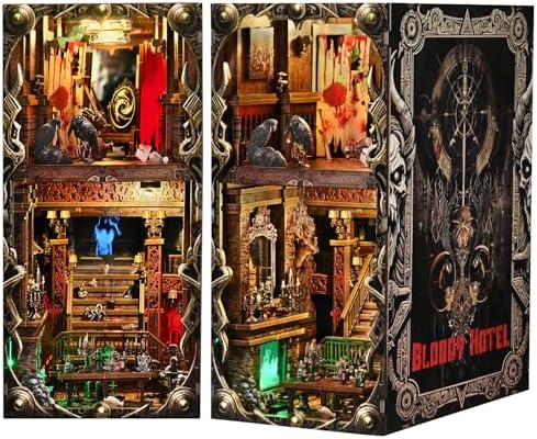 Creepy Book Nook Kit, DIY Miniature Dollhouse Halloween 3D Puzzle,Horror Scary 3D Wooden Puzzle Bookend Bookshelf Insert Decor with LED Light,Bloody Hotel - Image 2