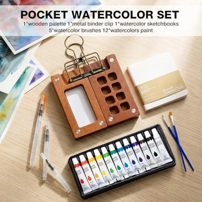 Mini Portable Watercolor Paint Set - 8 Grid Wood Palette with Binder Clips 12 Colors Paint, Brushes, Water Pens & Sketchbook, Travel Art Kit for Beginners & Art Enthusiasts - Image 3