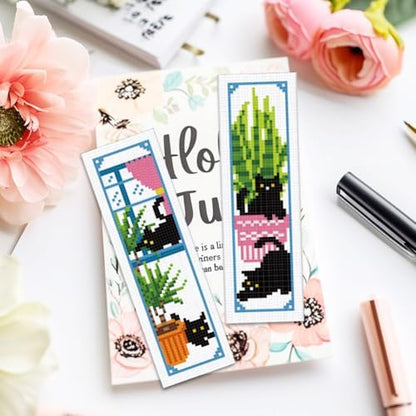 ACRNIGHEET 6PCS Cross Stitch Bookmark Kits Cute Cat and Plants Pattern Stamped Cross Stitch Kits for Beginners Adults DIY Stamped Embroidery Bookmarks with Instructions Hand Embroidery Craft Gift 11CT - Image 3