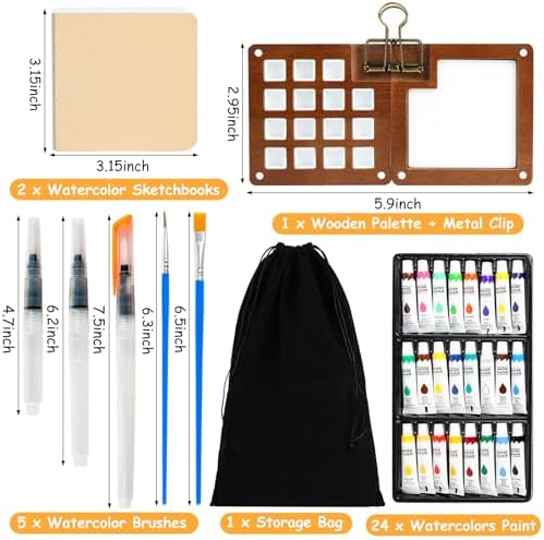 Mini Watercolor Travel Set, 24 Colors Pocket Watercolor Paint Kit with Walnut Wood Palette, 2 Sketchbooks, 5 Brushes & Carry Bag – Portable Art Supplies for Beginners, Artists and Outdoor Sketching - Image 3