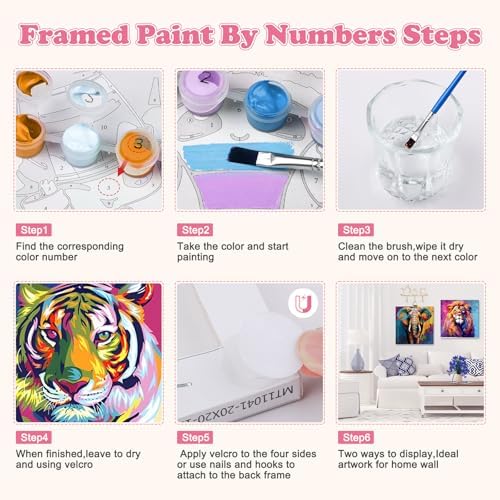 GHHKUD 4 Pack Framed Paint by Numbers Colorful Animals for Adults Beginners, DIY Tiger Lion Painting by Numbers Elephant Dog with Wooden Frame, Art on Canvas Gifts Home Wall Decor 8x8in - Image 4