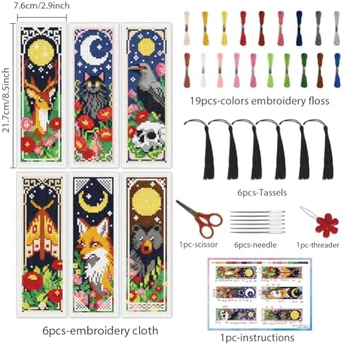 INFUNLY 6 Pack Night Animal Cross Stitch Bookmark Kit with Tassels, Stamped Pre-Printed Moon Star Embroidery for Adults Beginners, DIY Tool Set with Floss Scissors, Craft Gift for Book Lovers - Image 3
