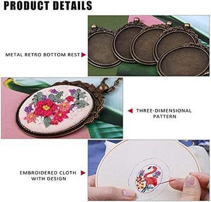 ZOCONE 6 Packs Embroidery Necklace Kit, Embroidery Pendant Kit Mini Cross Stitch Kit with 4 Hoops, Necklace, Pendant, Stamped Pattern Cloth, Instructions, etc., Embroidery Kit for Adults - Image 4