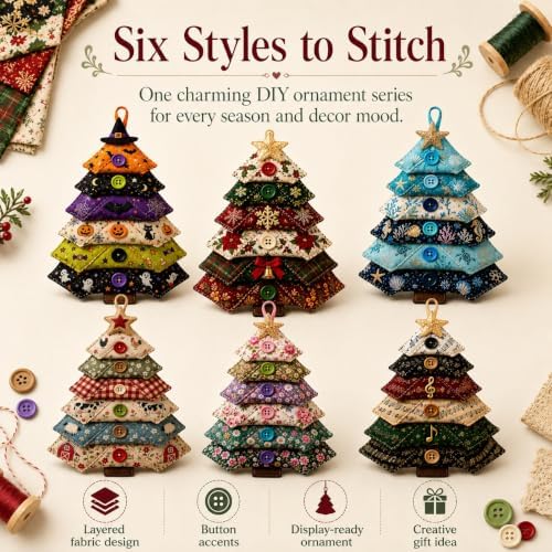 Layered Fabric Tree Ornament DIY Sewing Kit, Halloween Quilted Patchwork Seasonal Tree Kit with Button & Hanging, Festive Holiday Seasonal Handmade Art Kit for Adults Beginner(Christmas) - Image 2