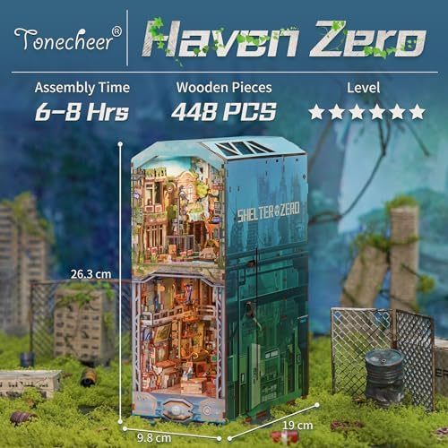 Tonecheer DIY Book Nook Kit for Adults, Wooden 3D Puzzle Bookend Diorama Bookshelf Insert Decor Fancy Books, Booknook Miniature House Kit with Dust Cover and Sensor LED (Haven Zero) - Image 2