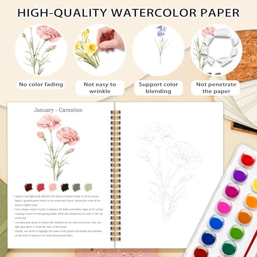 Easy Flowers Watercolor Workbook, Water Coloring Book, 12 Patterns, 18 Colors Watercolor Paint Set, Watercolor Kit for Beginners, Stress Relieving, DIY Art Kit for Adults Women Teen (Floral) - Image 3