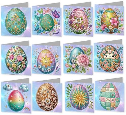 Diamond Painting Greeting Cards 12 Pack Easter Egg DIY Kit with Special Shaped Rhinestones, Thick Cardboard, Envelopes Included, Handmade Craft for Adults, Spring Holiday Gift by Unknown