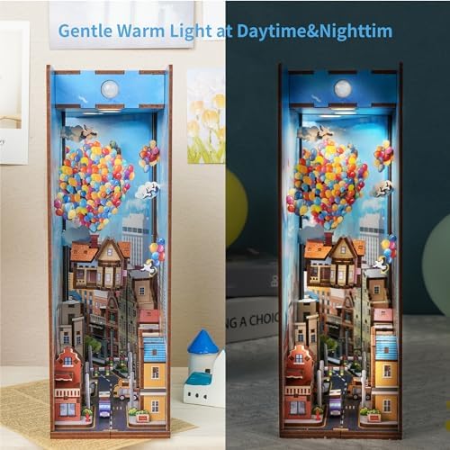 Tonecheer DIY Book Nook Kit for Adults,3D Wooden Puzzle Bookend Bookshelf Insert Library Decor, Booknook Miniature House Kit with Body Motion Sensor LED Light (Travel with The Wind) - Image 5