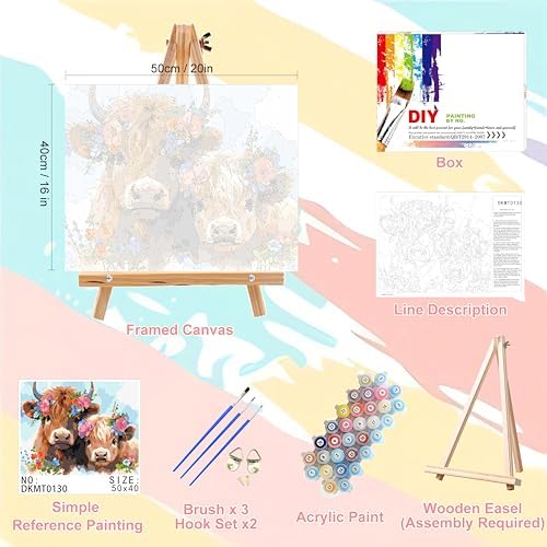 Highland Cow Paint by Numbers for Adults with Framed Canvas - Wooden Easel - Image 2
