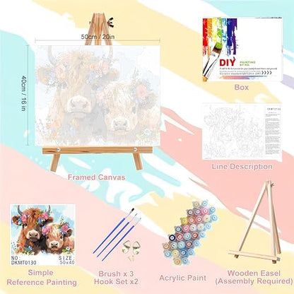 Highland Cow Paint by Numbers for Adults with Framed Canvas - Wooden Easel - Image 2