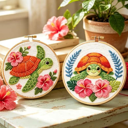 INFUNLY 2PCS Cute Turtle Punch Needle Kit for Beginners Pink Flower Punch Needle Embroidery Starter Kit 8.7×8.7Inch DIY Needlepoint Kits with Turtles Pattern Instruction for Festival Gift Home Decor - Image 4
