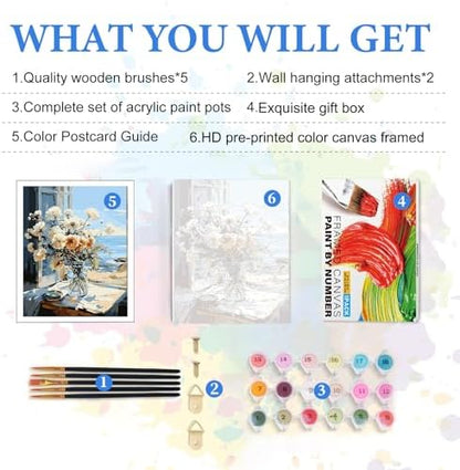 PRASIO Framed Paint by Numbers Kit for Adults Beginner, Flowers Adult Paint by Number Kits on Canvas Framed, DIY Acrylic Watercolor Oil Paint by Numbers with Frame for Gift Home Decor 16x20 Inch - Image 5
