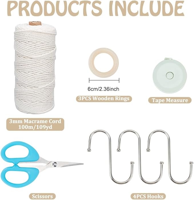ORIGACH 3 Set DIY Macrame Plant Hanger Kit for Beginner, Boho Macrame Hanging Plant Holders with Macrame Cord, Wooden Rings, S Hooks & Instructions for Adult Beginner