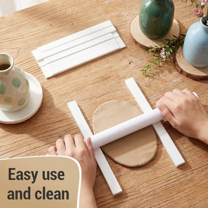 Fiwochic 12 Pcs Acrylic Pottery Tools Set Includes 1 Acrylic Clay Rolling Pin Sculpting Polymer Clay Tools 1 Stain Resistant Tablecloth and 10 Pcs 5 Size Teaching Rolling Mud Stick Guide(White) - Image 6