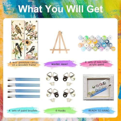 LWZAYS 4 Pack Bird Paint by Numbers Kit for Adults with Frame, Vintage Paint by Number for Adults Beginner with Wooden Easel, DIY Painting by Numbers Canvas Framed for Home Decor 8 x 12 Inch - Image 4