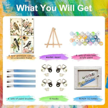 LWZAYS 4 Pack Bird Paint by Numbers Kit for Adults with Frame, Vintage Paint by Number for Adults Beginner with Wooden Easel, DIY Painting by Numbers Canvas Framed for Home Decor 8 x 12 Inch - Image 4