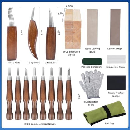 Wood Carving Kit Whittling Kit 26pcs Wood Carving Tools Knife Set with 3 Wood Carving Knives 8 Detail Knives 8 Blocks, Whittling Kit DIY Hobbies for Beginners Adults Kids - Gift for Men Teens - Image 2
