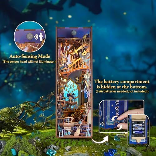 Tonecheer DIY Book Nook Kit for Adults,3D Wooden Puzzle Bookend Bookshelf Insert Library Decor, Booknook Miniature House Kit with Body Motion Sensor LED Light (Magic Stars Room) - Image 4