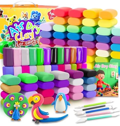 Air Dry Clay for Kids, 60 Colors Air Dry Modeling Clay, Molding Clay for Sculpting,Non-Sticky Soft, Sculpting Tools Guide, Arts Crafts for Kids Ages 8-12 by WOLWEFA