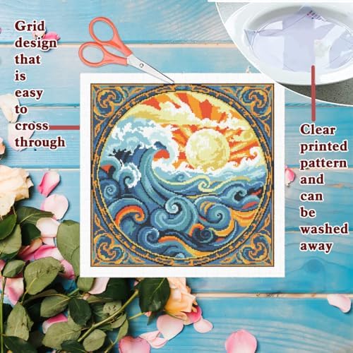 FREEBLOSS 11CT Stamped Cross Stitch Kits Sunrise&Waves Cross Stitch Wall Hanging Kit Complete Embroidery Kits with Instruction for Needlepoint Adults Wall Art Decoration 18 * 18in/45 * 45cm - Image 3